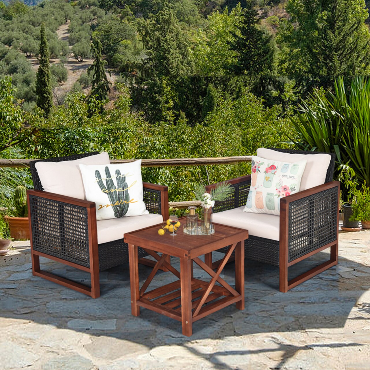 3Pcs Rattan Wicker Patio Conversation Set Outdoor Furniture Set W/ Cushion